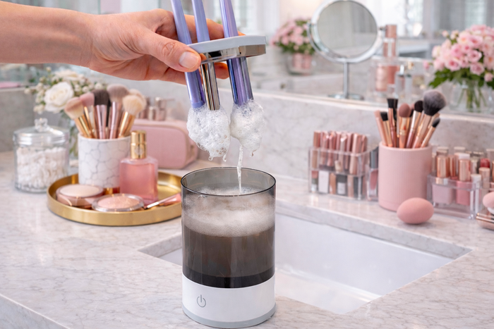 Nettoyeur automatique pour pinceaux maquillage en fonctionnement